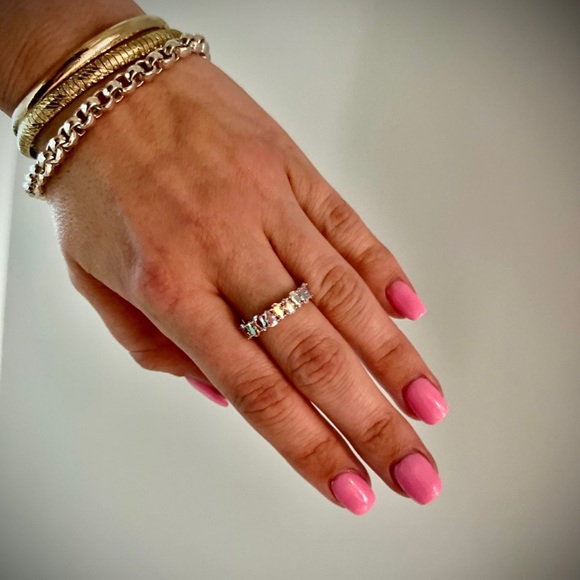 Beautiful Aurora Borealis pear cut unique band style ring 14K White Gold & 925 - Picture 5 of 13